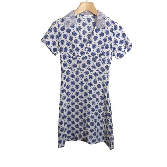 NWOT Sandro Enya Small Blue Geometric Print size 36 Small Silk Mini Dress - Picture 5 of 8
